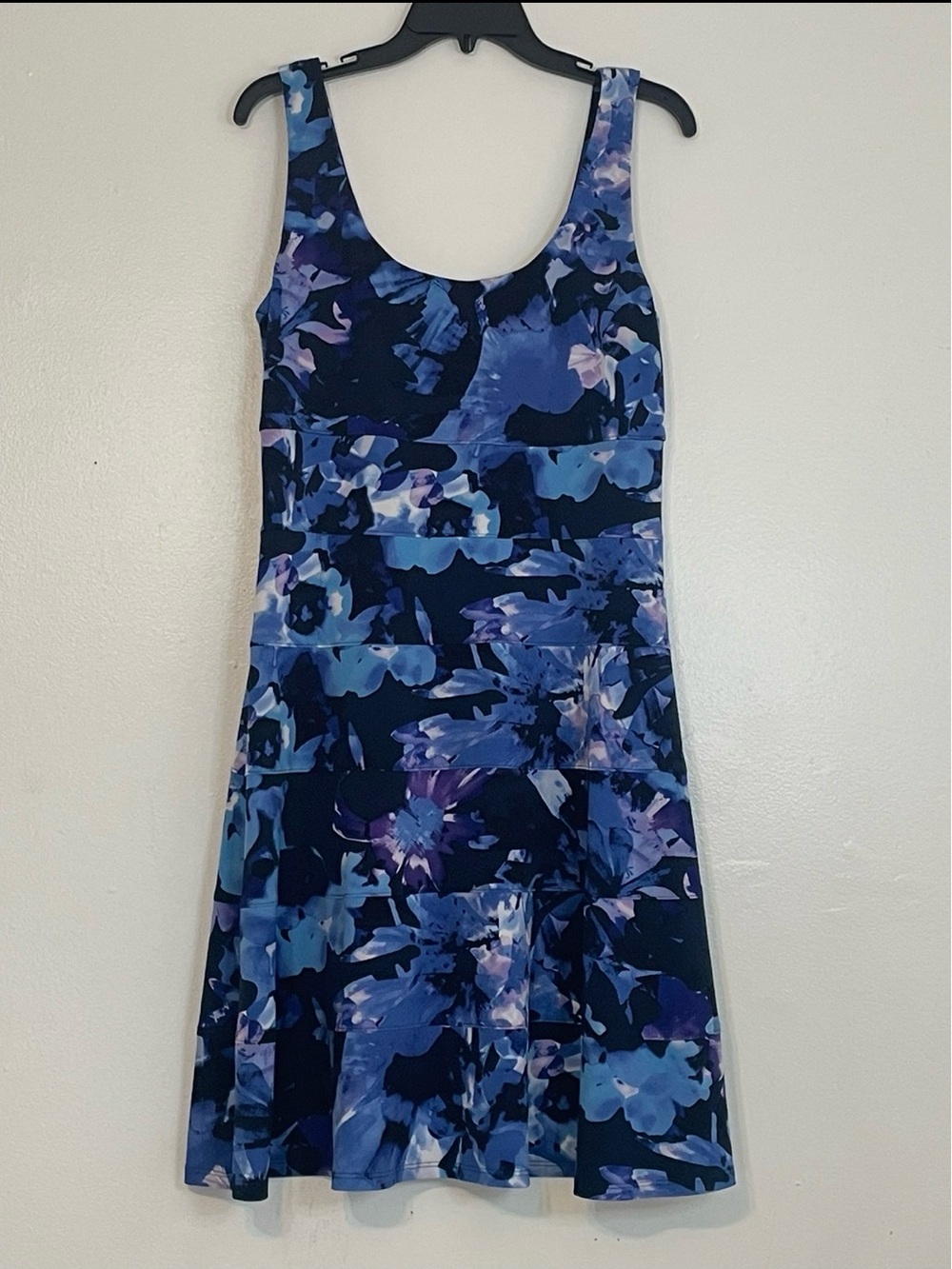 Blue Floral Sleeveless Dress Tiered A-Line Scoop Size 12